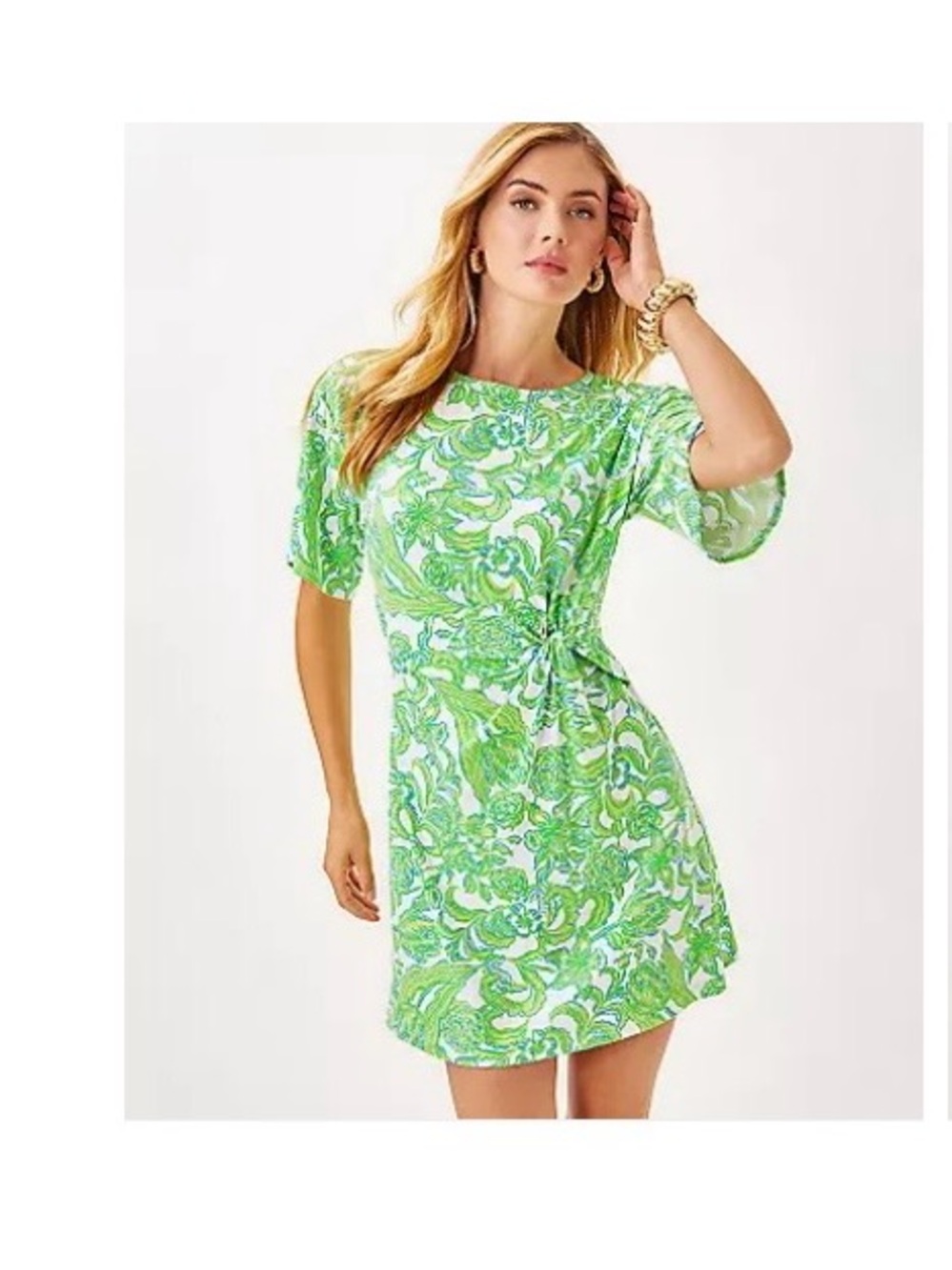 Lilly Pulitzer Green & White Printed Midi Dress with Front Knot